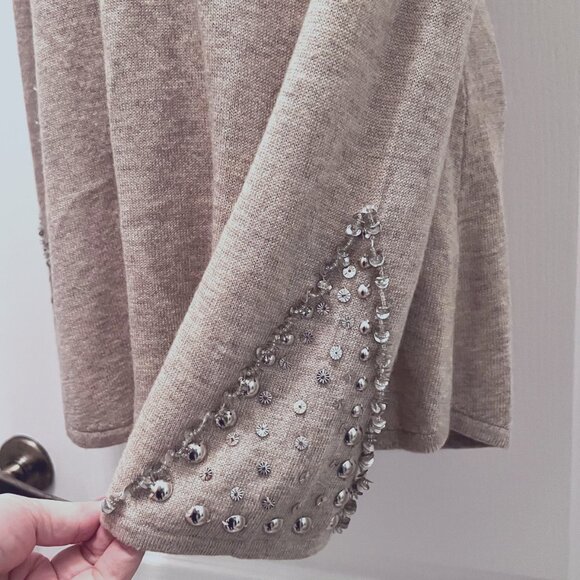 Colour Works-Women's Tan/Cream/Crystals/Beads/Studs Sweater-Off Shoulder-Festive - Picture 9 of 14